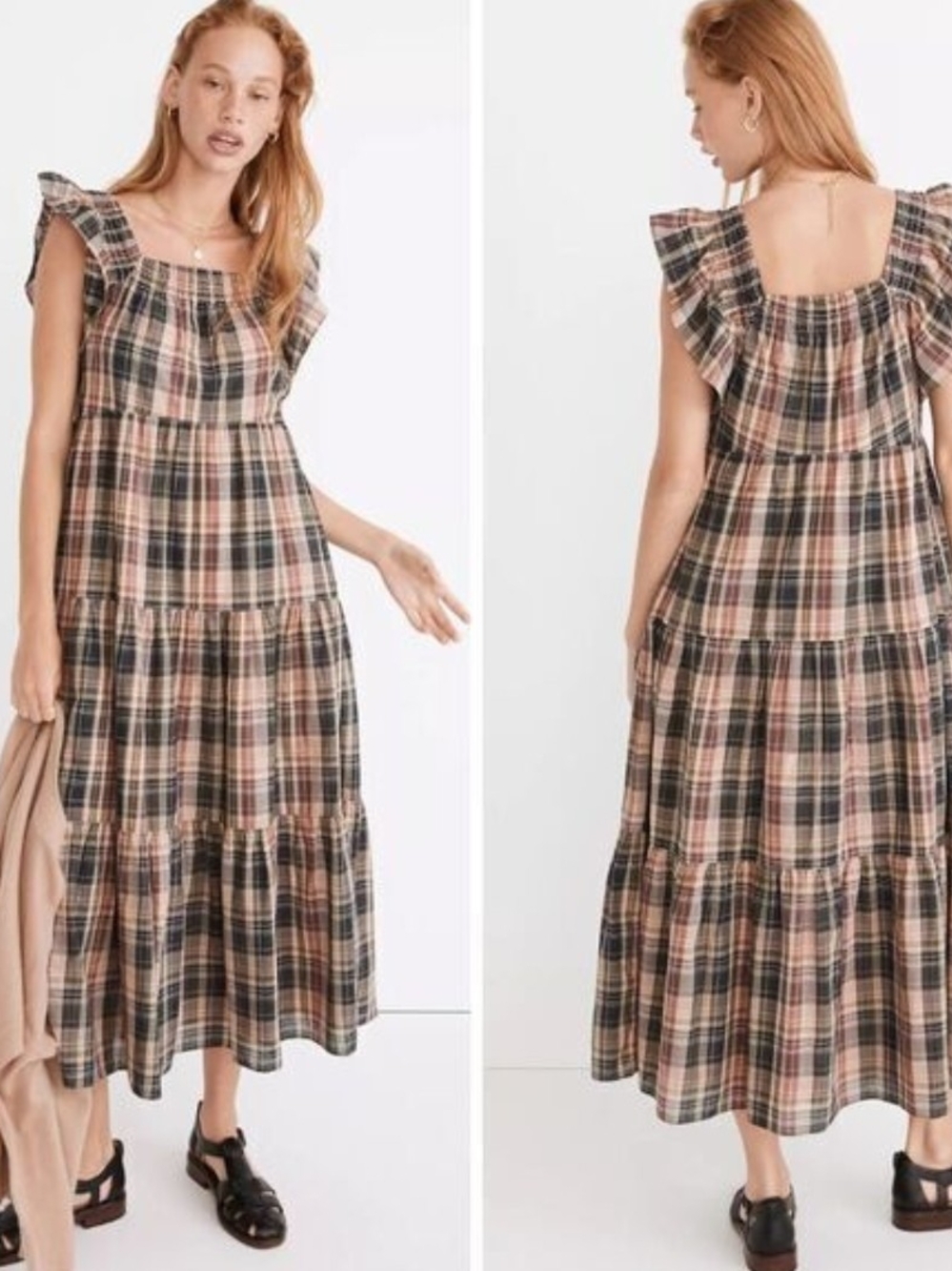 Madewell Plaid Ruffle Sleeve Maxi Dress - Size Small